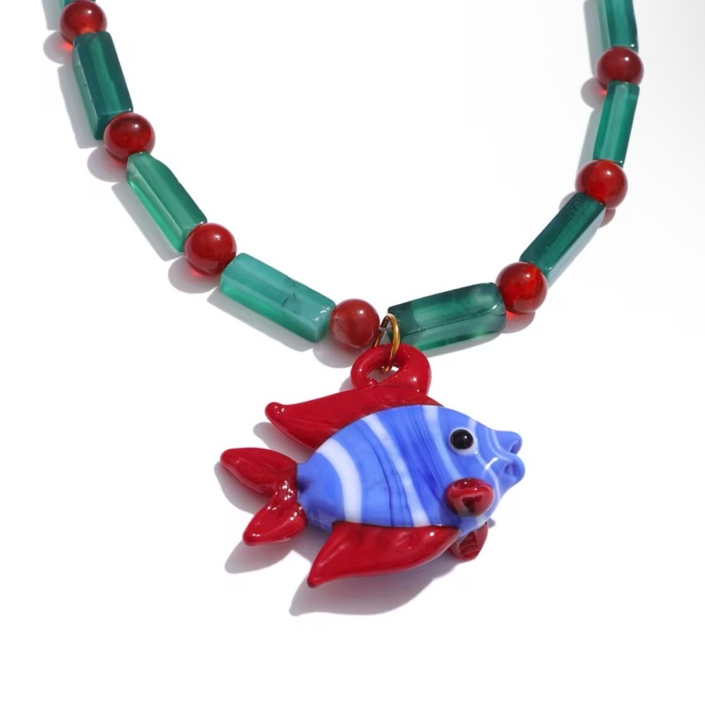 Handmade Red & Blue Glass Fish Pendant Necklace With Natural Stones